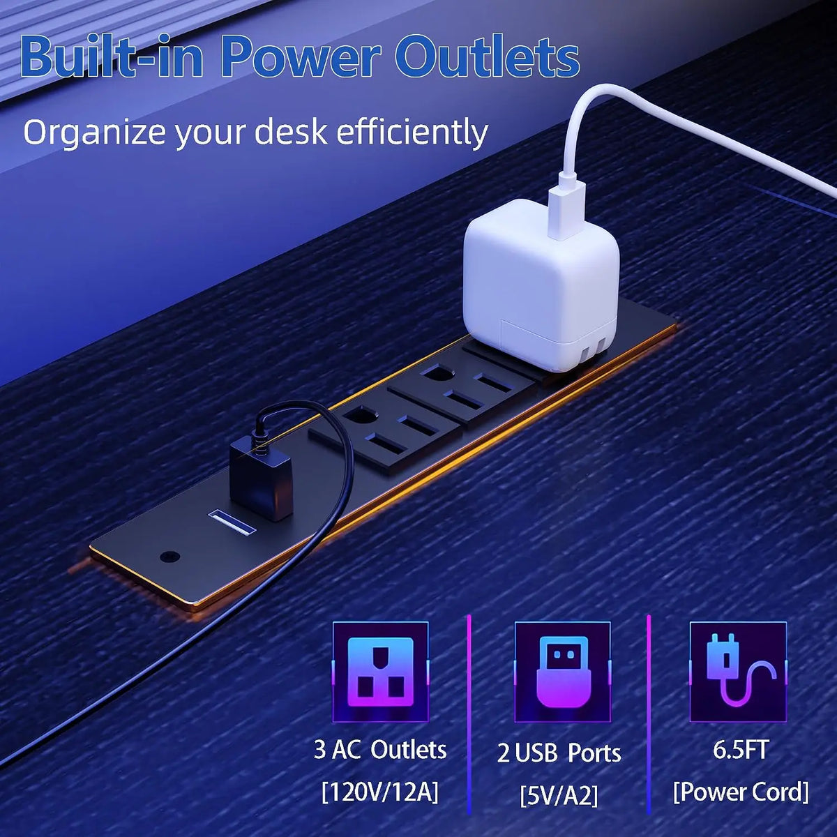 61' Gaming Desk with Outlets & LED, Large Computer Desk, Black | AC Outlets & USB, Ergonomic Monitor Stand, Drawer & File Cabine