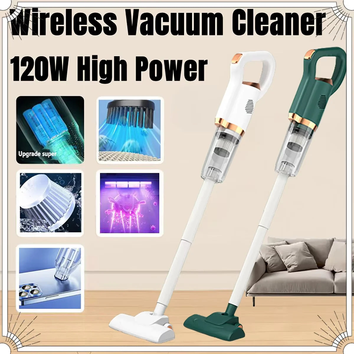8500Pa High Power Handheld Wireless Vacuum Cleaner 120W Portable Household And Car Dual Use Dust Cleaning Machine With Brush