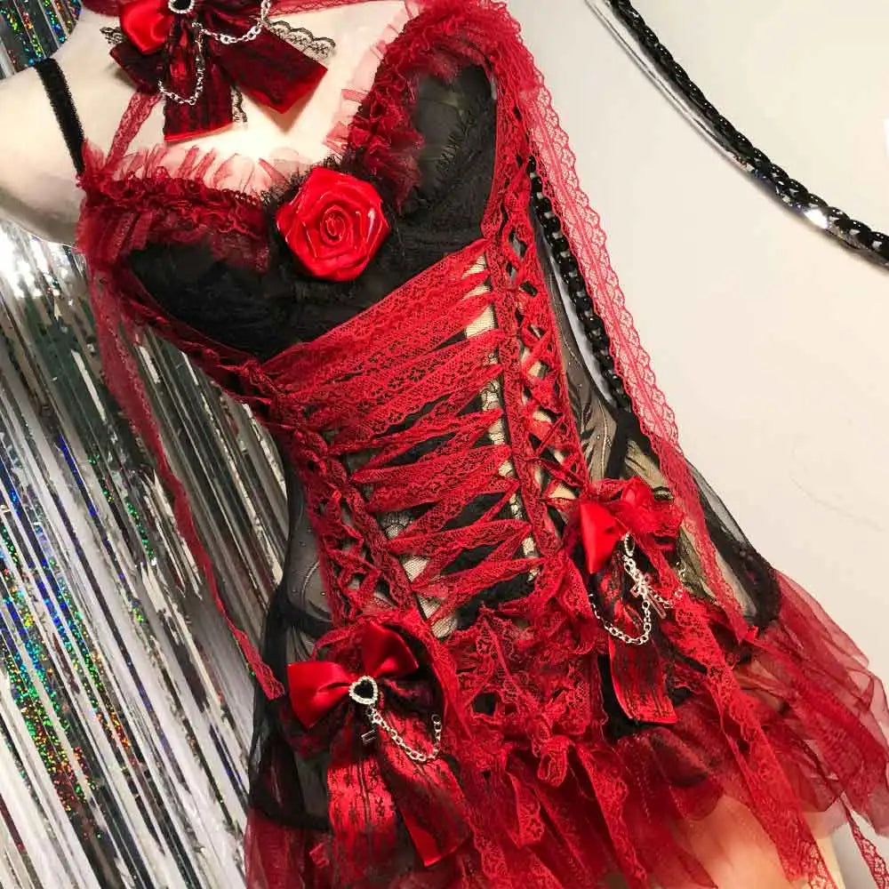 Red Y2K Gothic Dress for Women Lace Emo ALT Grunge E-Girls Lolita Ball Gown Rave Festival Cyber Punk Rock Star Goth Clothing