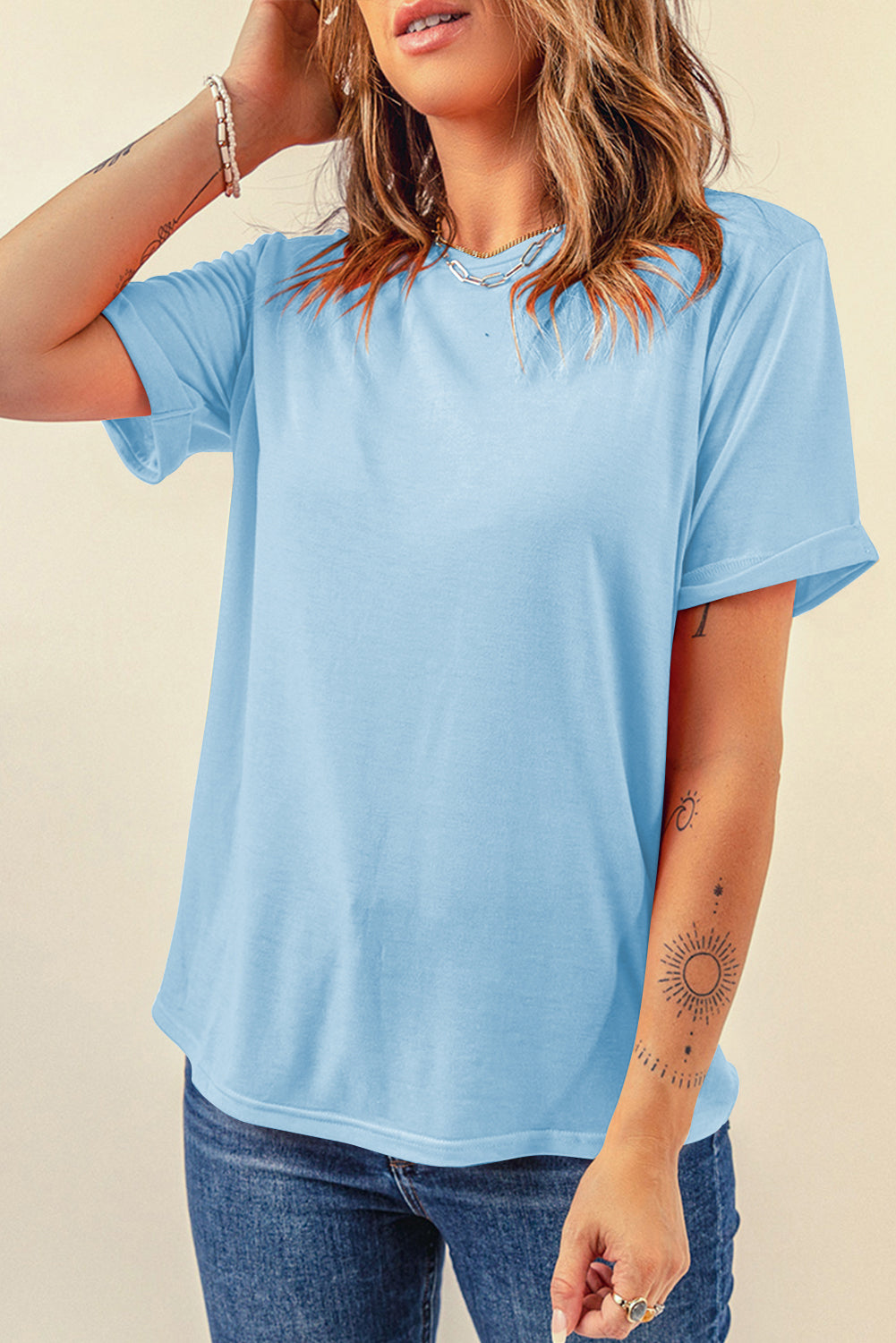 Dark Blue Casual Plain Crew Neck Tee