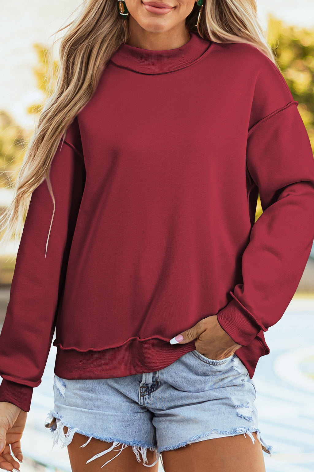Light Grey Oversize Drop Shoulder Reversible Mock Neck Sweatshirt