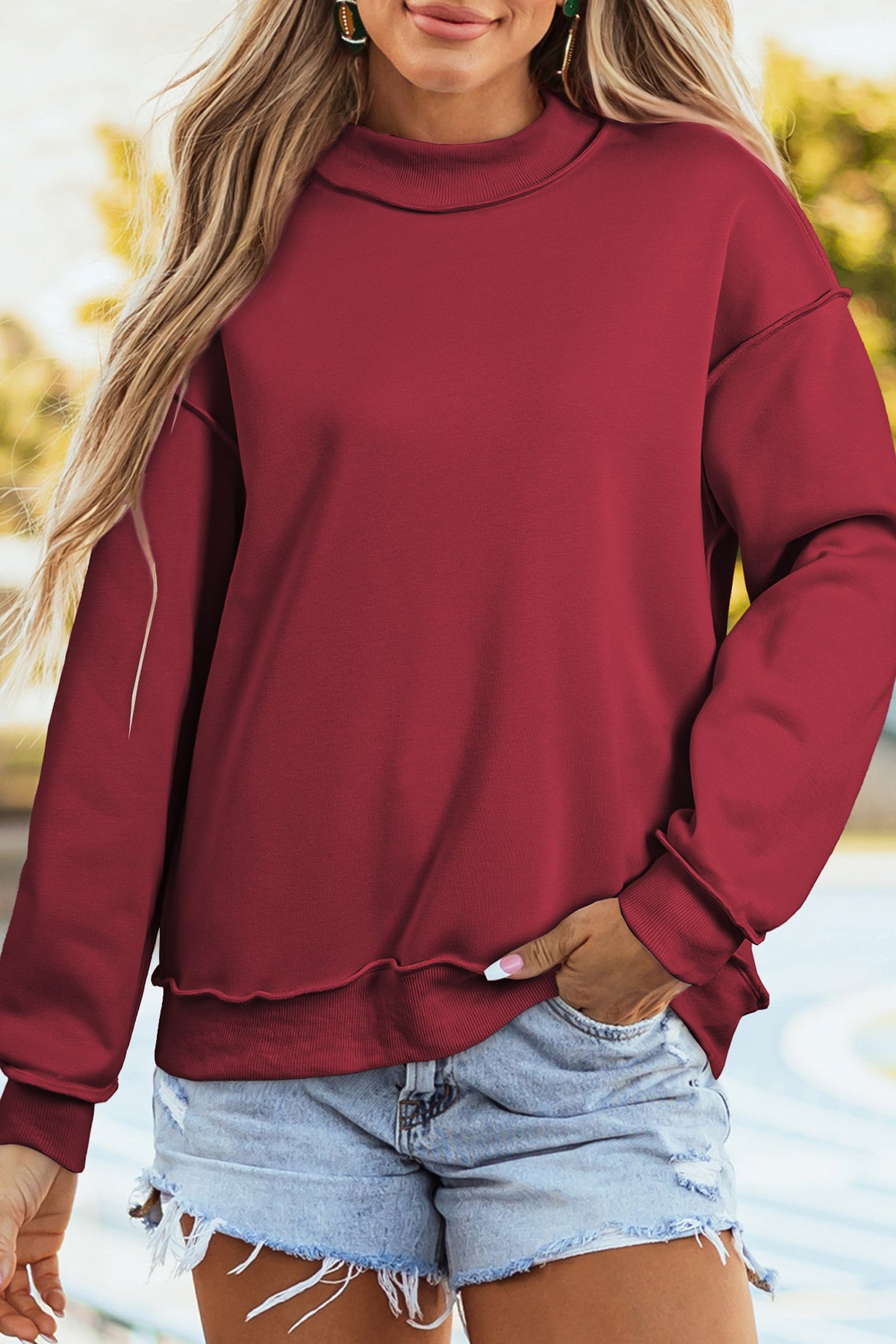 Light Grey Oversize Drop Shoulder Reversible Mock Neck Sweatshirt