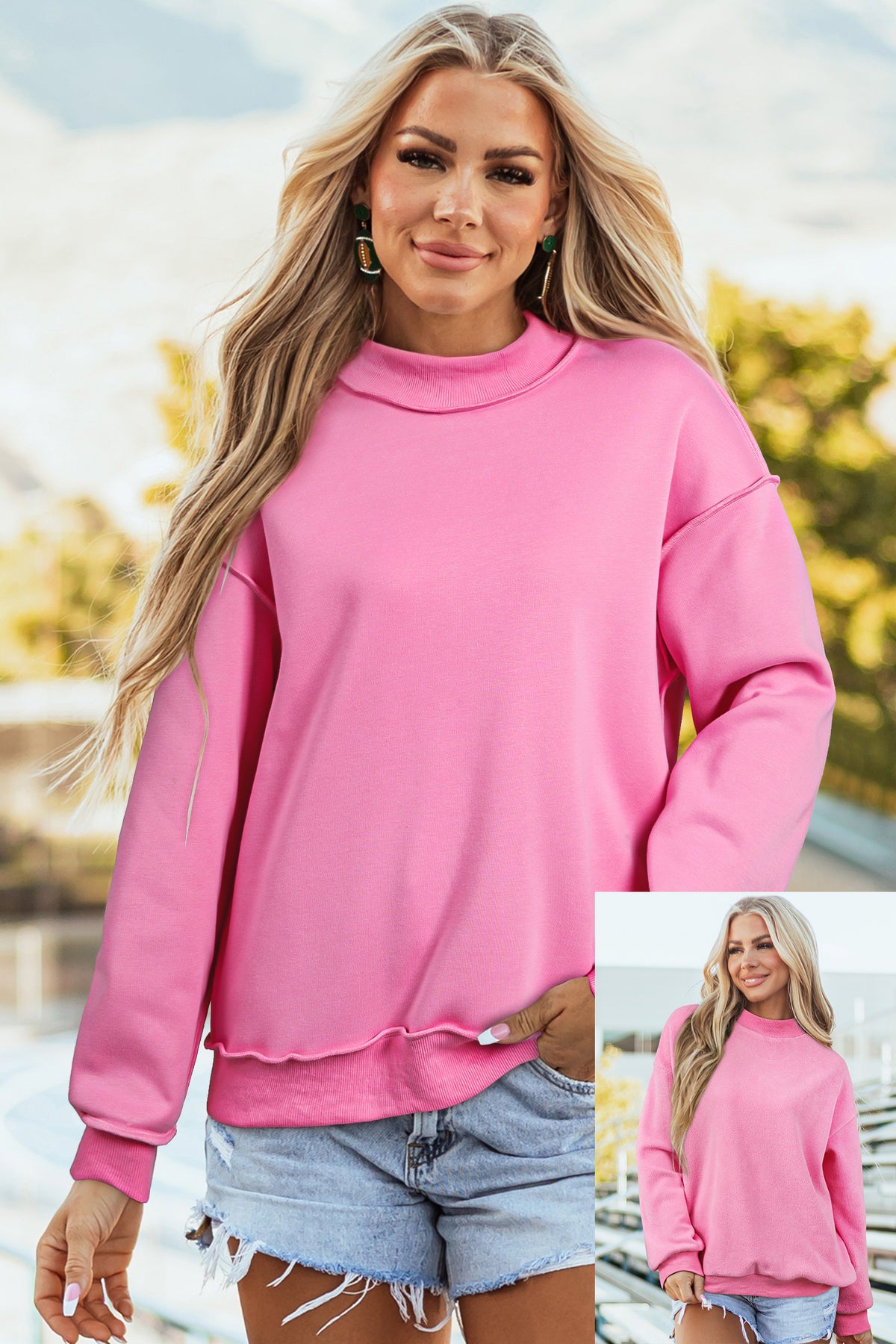 Light Grey Oversize Drop Shoulder Reversible Mock Neck Sweatshirt