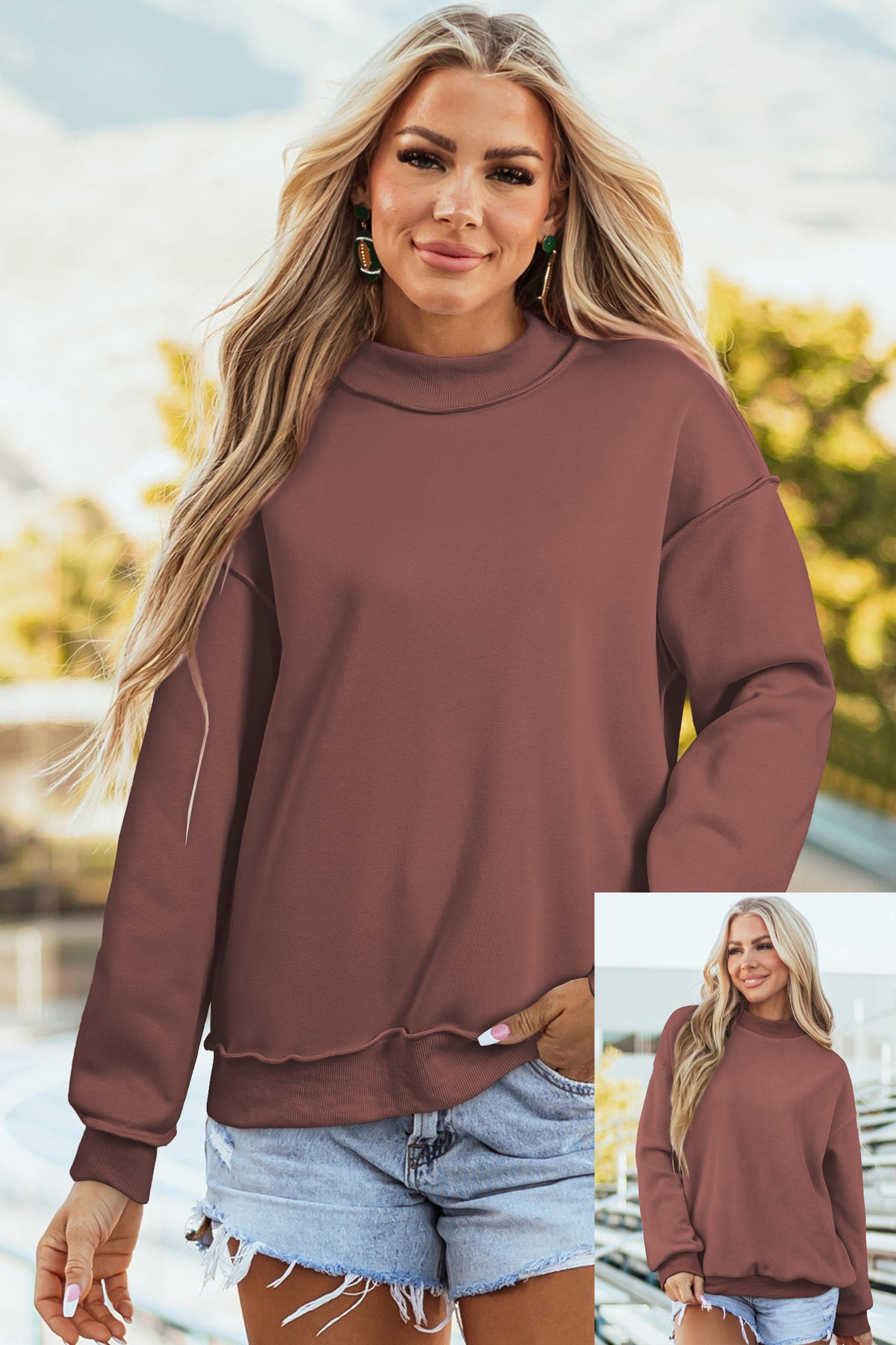 Light Grey Oversize Drop Shoulder Reversible Mock Neck Sweatshirt