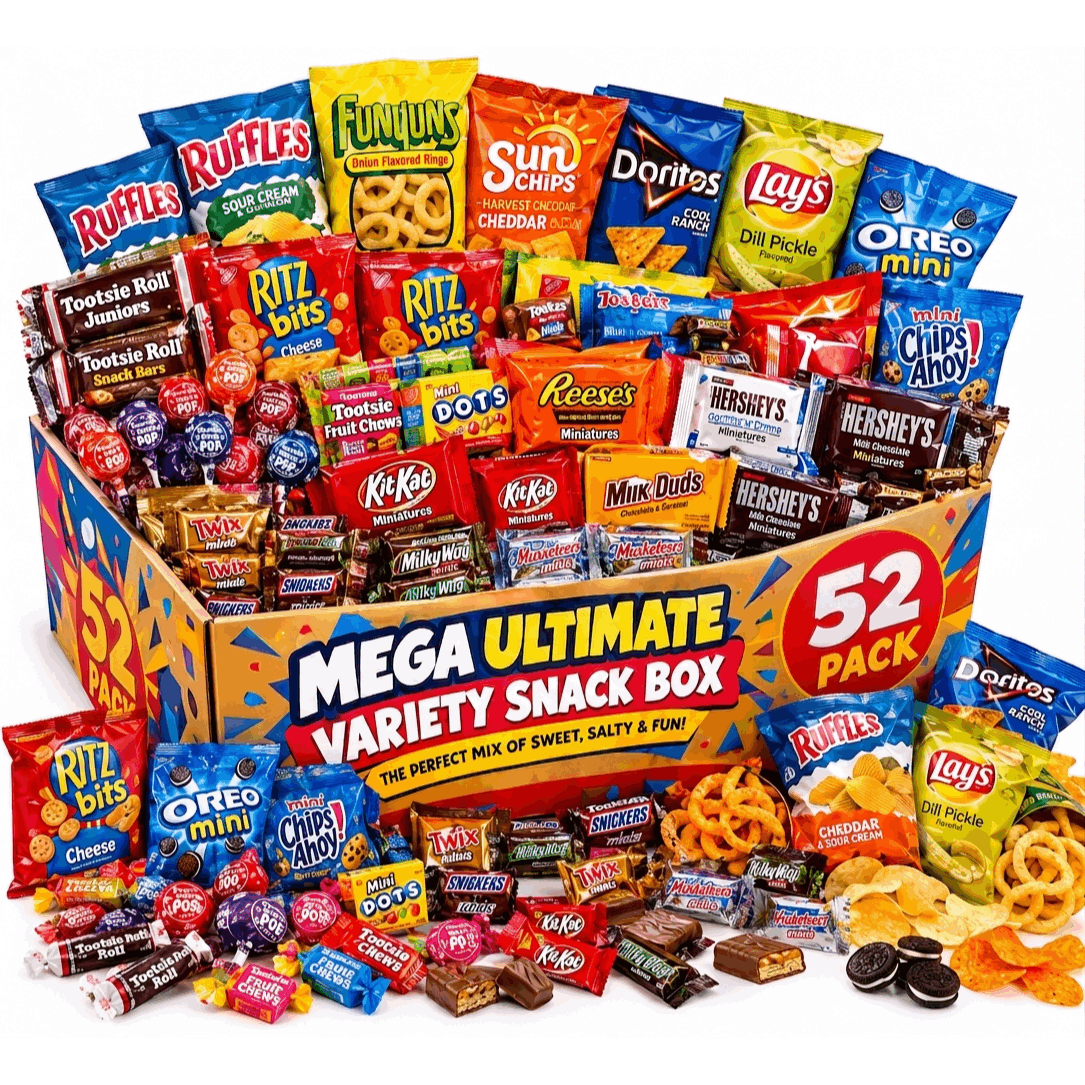 52 Pack Mega Snack Package With Chips Chocolates Cookie Crackers Candy Bulk For College Students Office Kids Road Trips Holidays