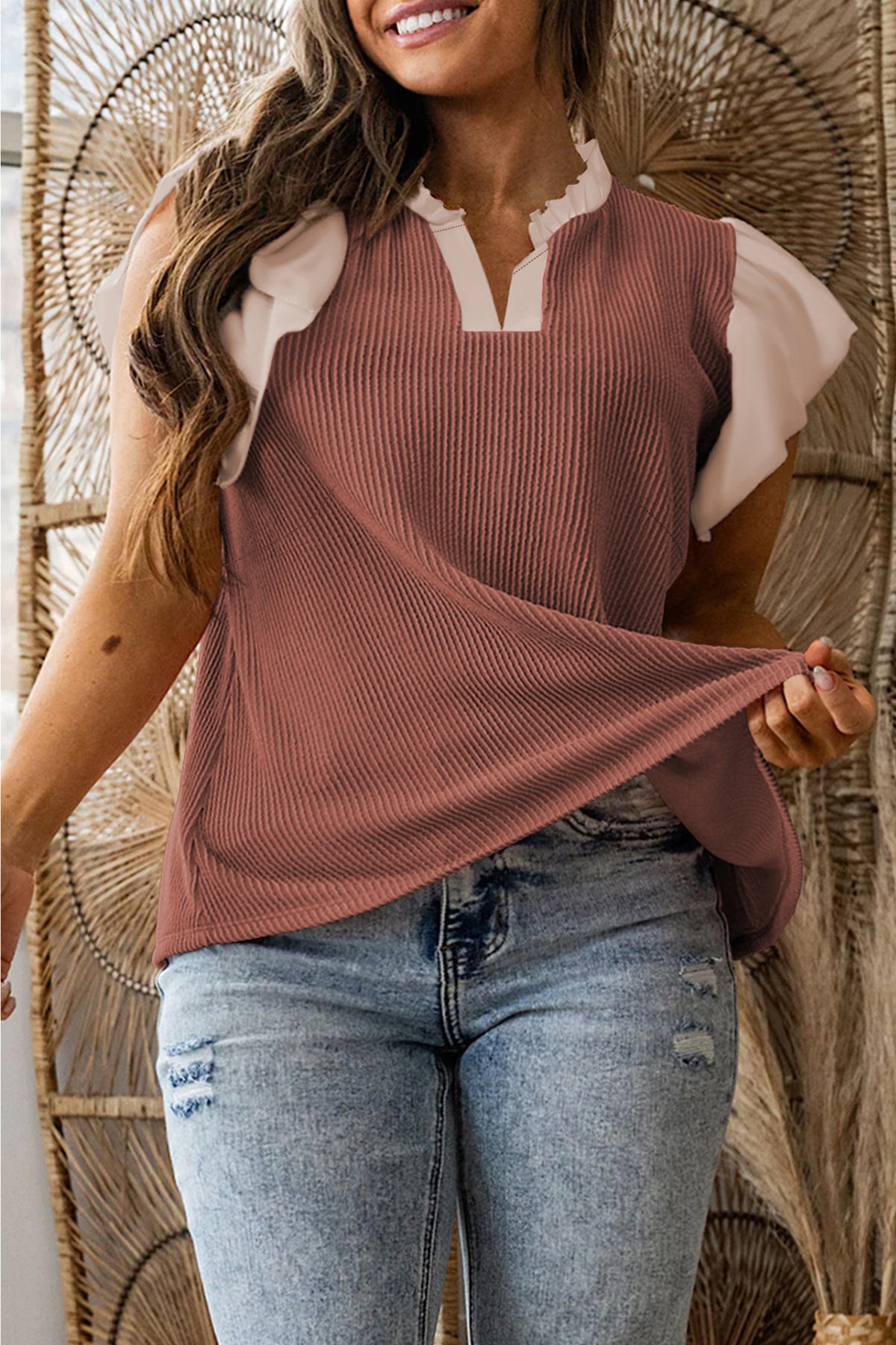 Black Plus Size Contrast Frilled Neckline Ruffled Short Sleeve Ribbed Textured Blouse
