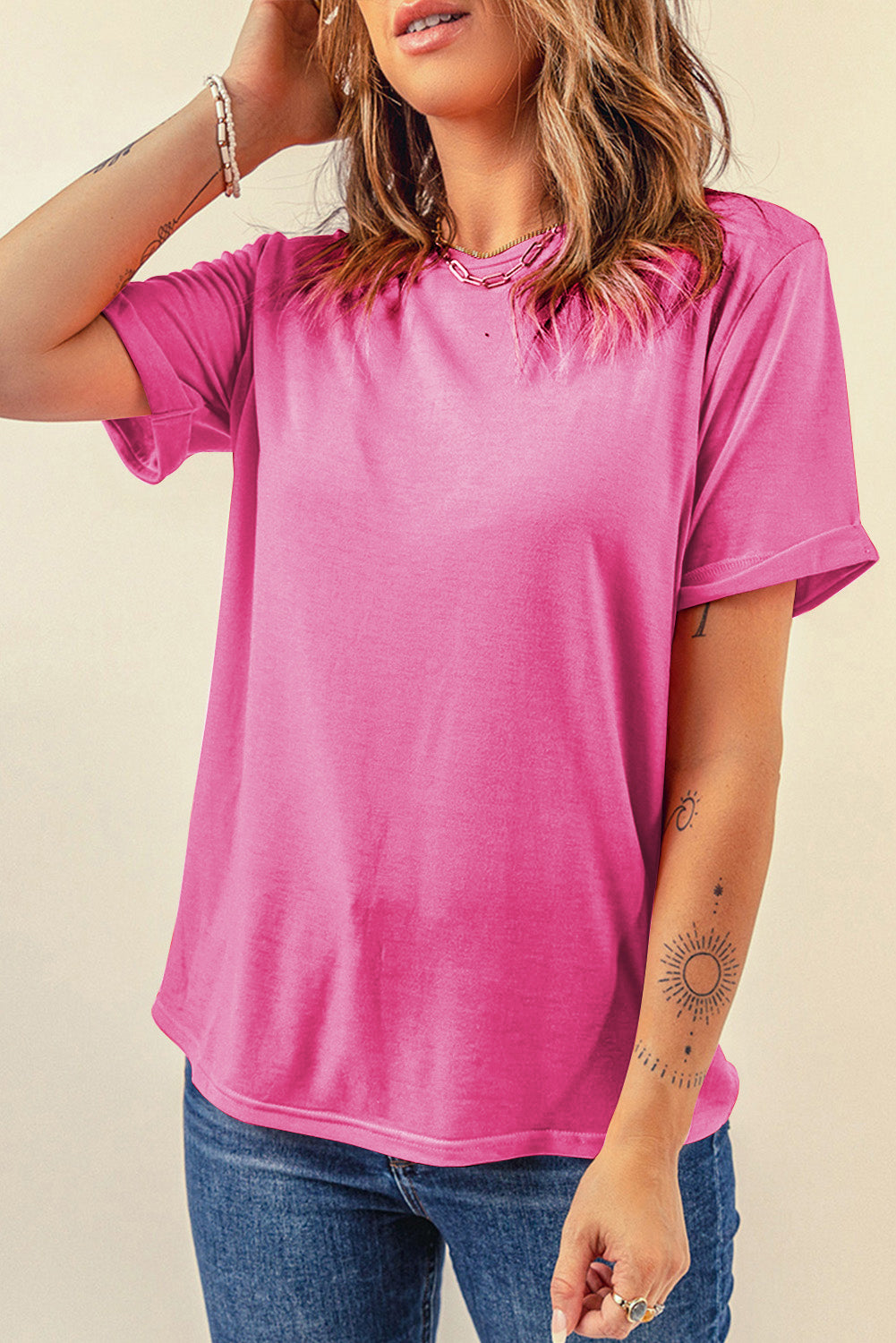 Dark Blue Casual Plain Crew Neck Tee