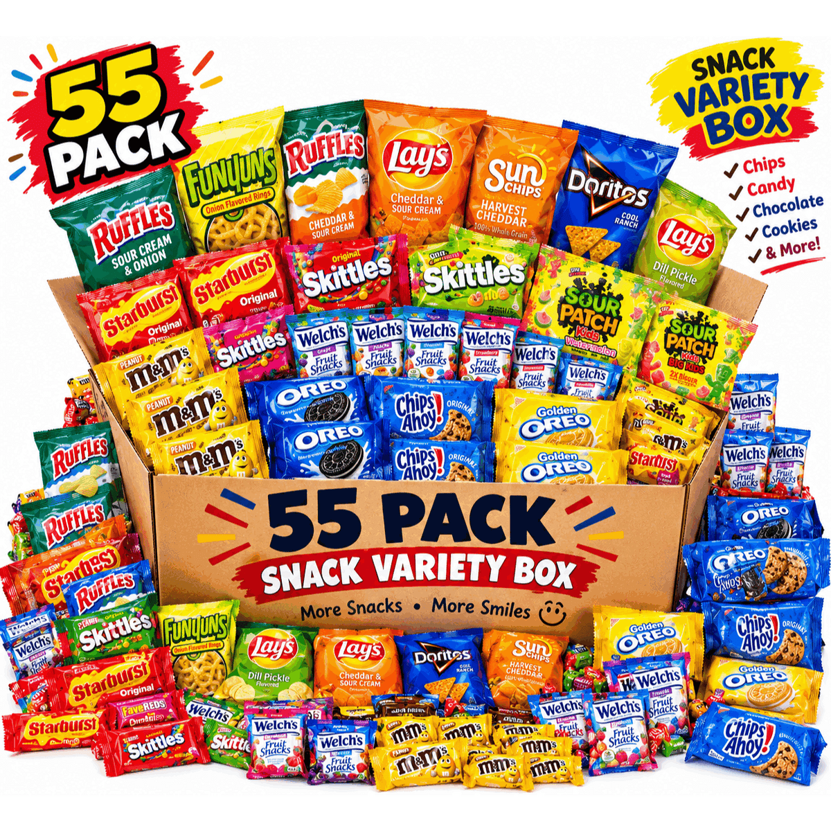55 Pack Snack Assorted Chips Candy Cookie Fruit Snacks Sweet Pack For Parties Gifts
