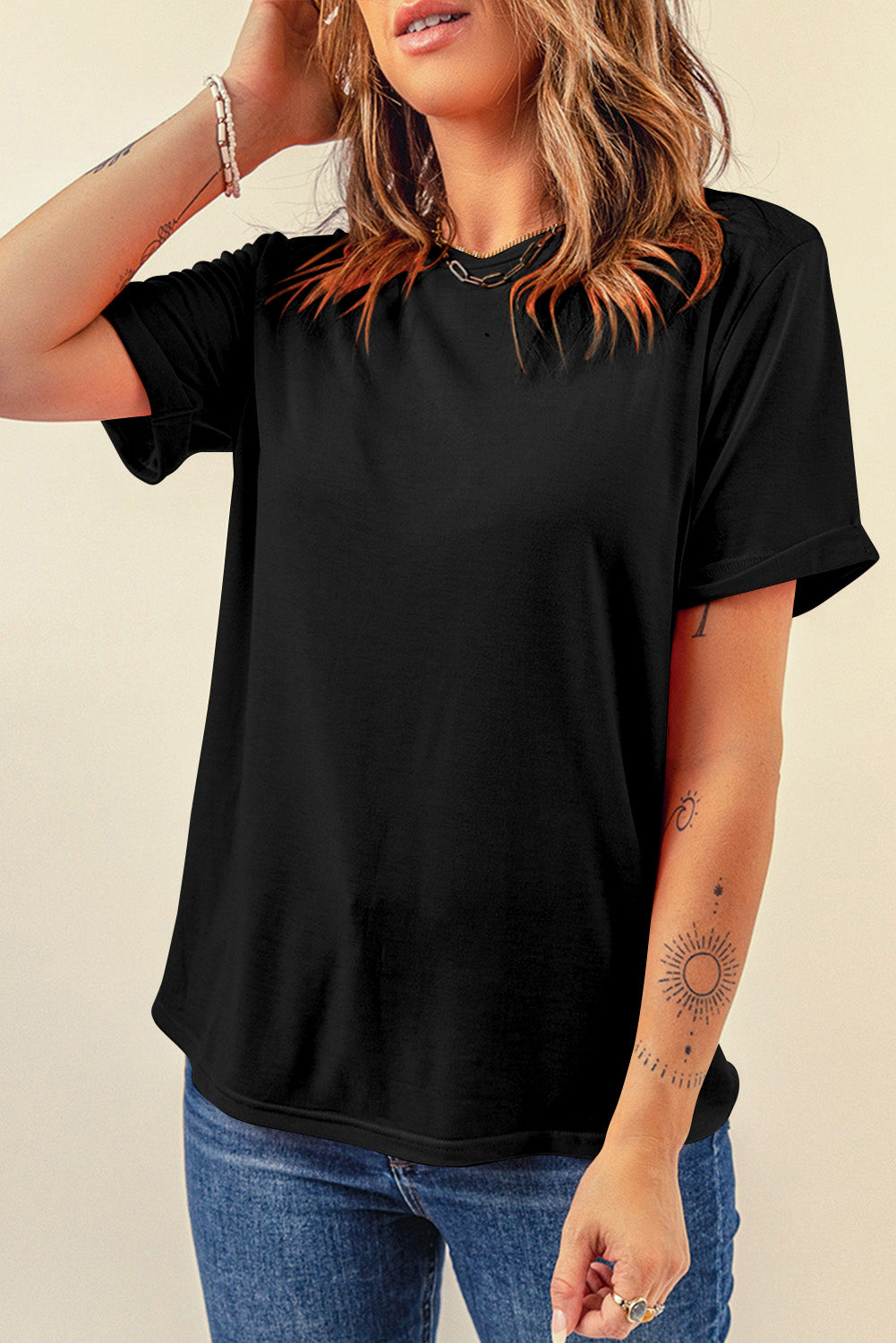 Dark Blue Casual Plain Crew Neck Tee