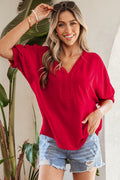 Racing Red Braided Trim V Neck Half Sleeve Blouse